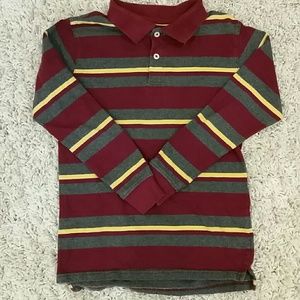 Gray, burgundy, and mustard striped polo.